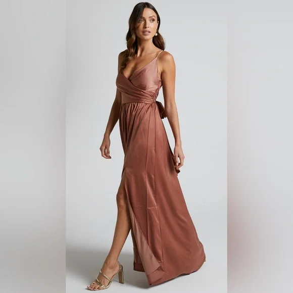 REVOLVE AROUND ME MAXI DRESS V NECK WRAP DRESS IN DUSTY ROSE